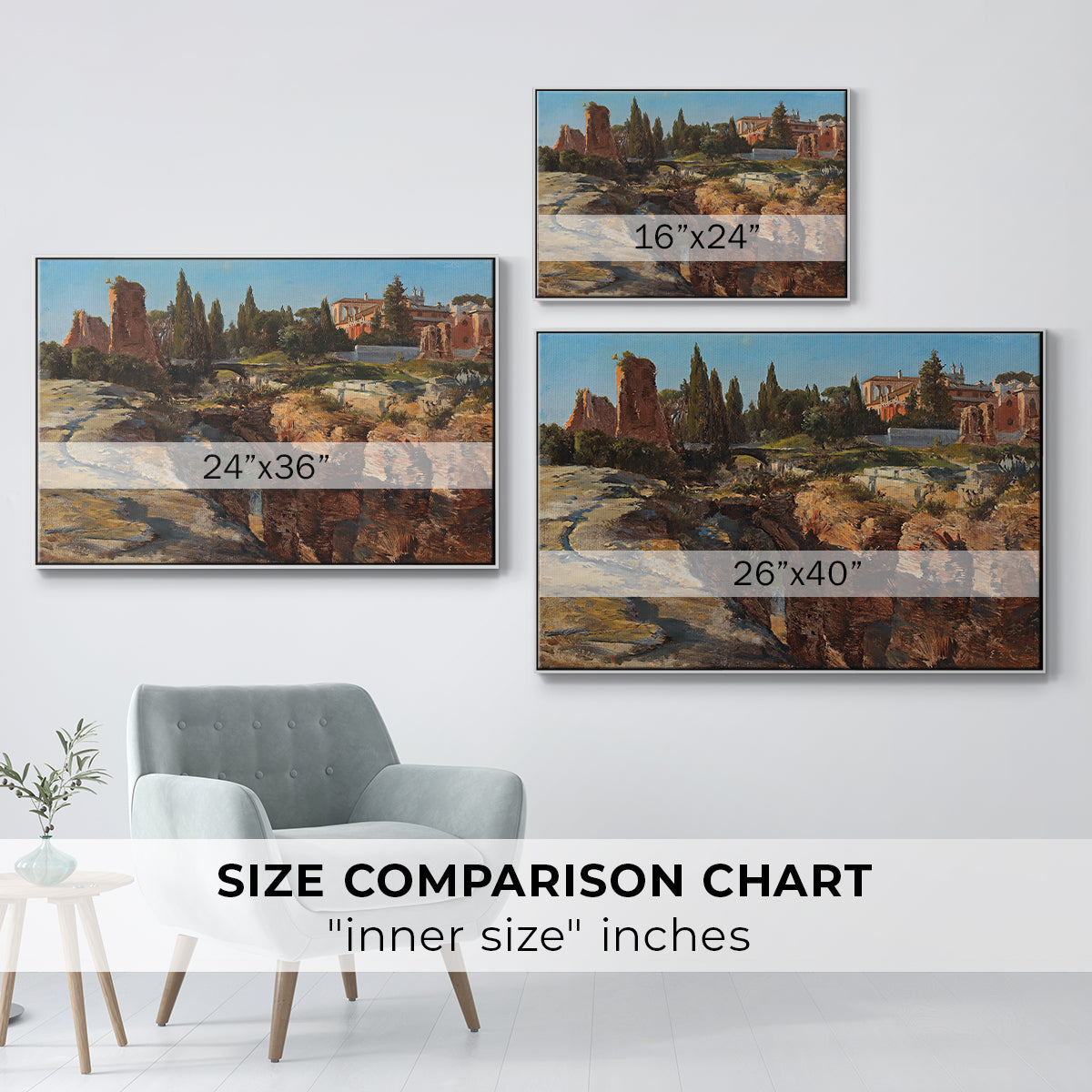 Size comparison chart for white floater framed canvas featuring Palatine in Rome, c. 1921 by Edward Theodore Compton.