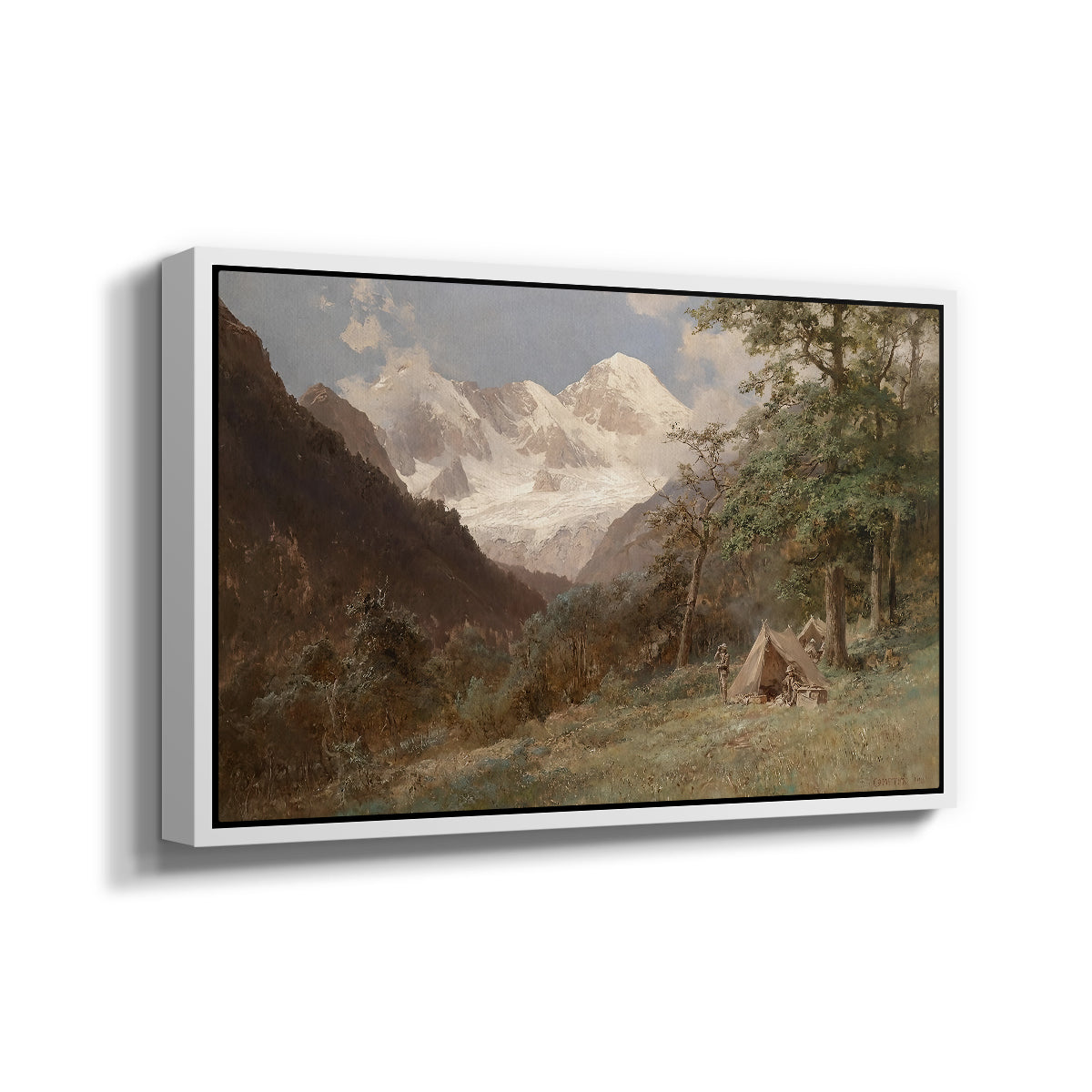 Angled view of Landscape in the Caucasus, c. 1921 by Edward Theodore Compton in a white floater framed canvas.