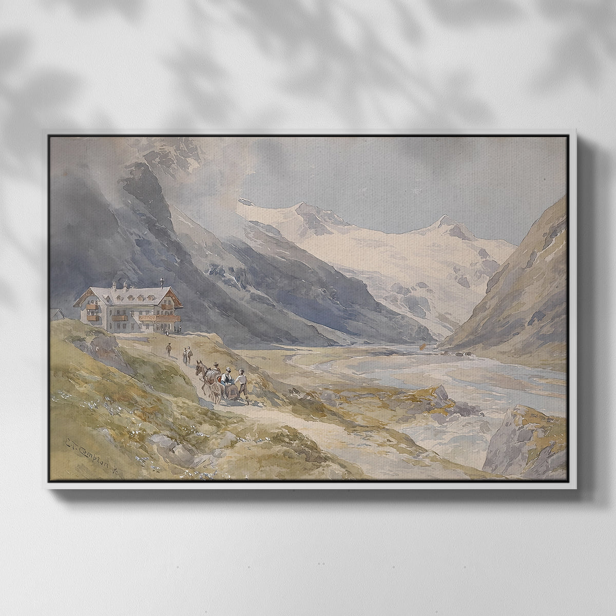 Front view of Shepherds (Pasterze), c. 1921 by Edward Theodore Compton in a white floater framed canvas.