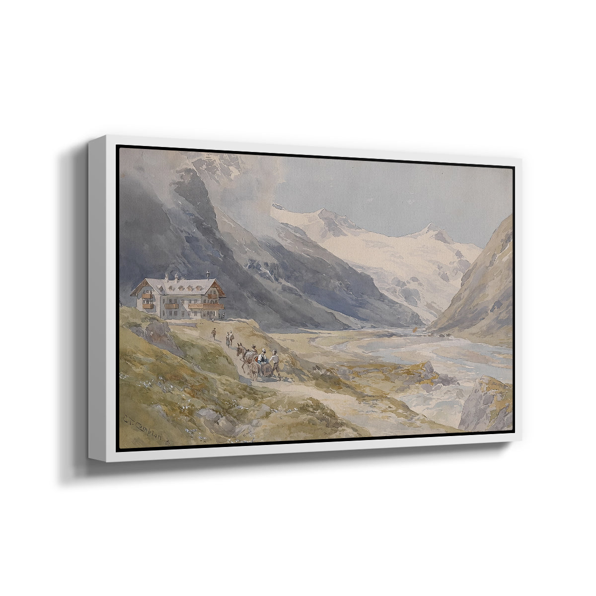 Angled view of Shepherds (Pasterze), c. 1921 by Edward Theodore Compton in a white floater framed canvas.