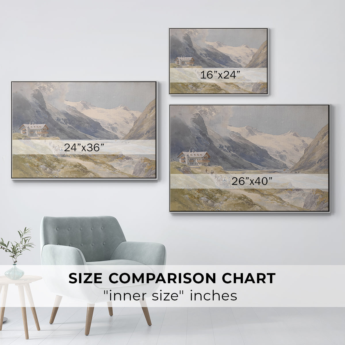 Size comparison chart for white floater framed canvas featuring Shepherds (Pasterze), c. 1921 by Edward Theodore Compton.