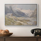 Shepherds (Pasterze), c. 1921 by Edward Theodore Compton in a white floater framed canvas displayed above a console table in a hallway, featuring a natural landscape with human presence among mountains.