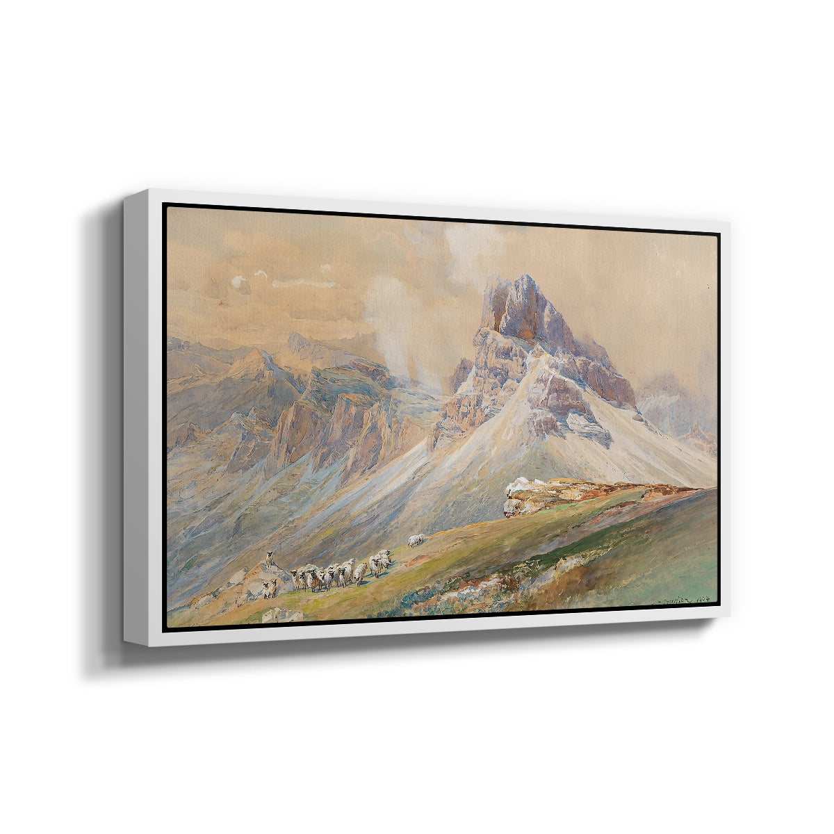 Angled view of From the Dolomites, 1904 by Edward Theodore Compton in a white floater framed canvas.