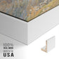 Close-up of the white floater frame corner and gallery wrapped canvas construction.