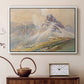 White floater framed canvas featuring an expansive landscape featuring iconic Dolomite peaks, displayed above a cabinet in a soft-toned living room.