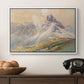 From the Dolomites, 1904 by Edward Theodore Compton in a white floater framed canvas displayed above a console table in a hallway, featuring a realistic mountain view with strong geological forms.