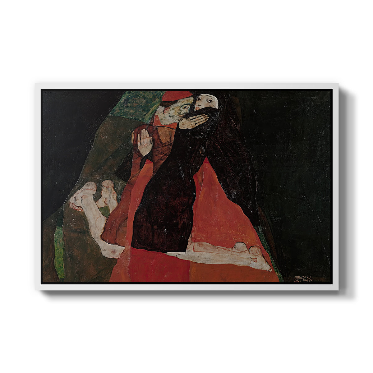 Cardinal and Nun (Caress), 1912 by Egon Schiele in a white floater framed canvas wall art display.