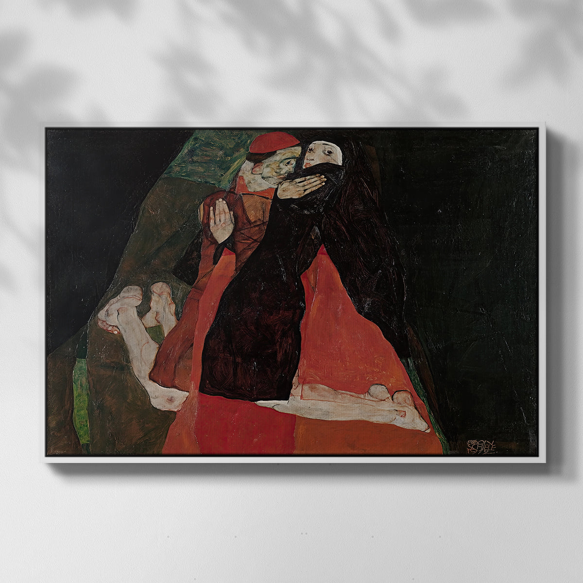 Front view of Cardinal and Nun (Caress), 1912 by Egon Schiele in a white floater framed canvas.