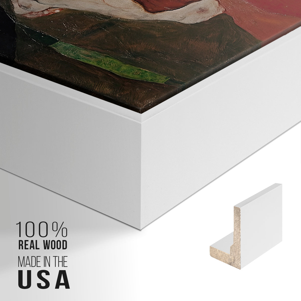 Close-up of the white floater frame corner and gallery wrapped canvas construction.