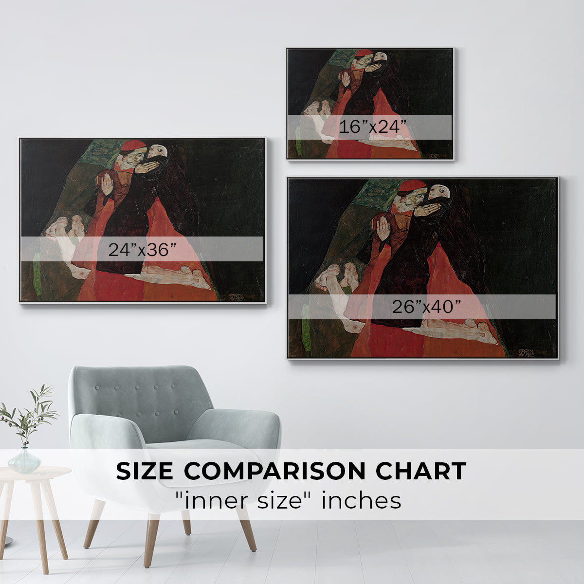 Size comparison chart for white floater framed canvas featuring Cardinal and Nun (Caress), 1912 by Egon Schiele.