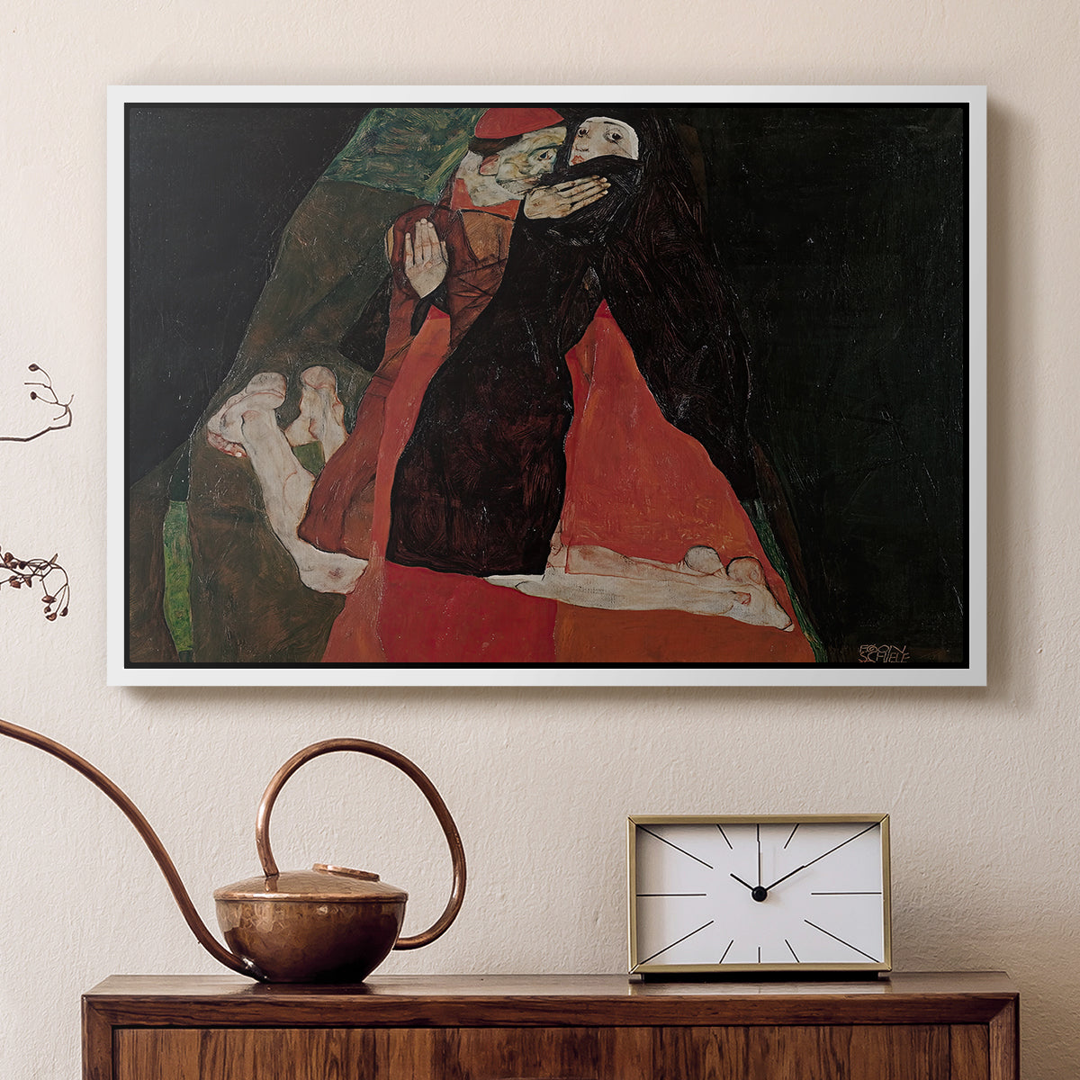 White floater framed canvas featuring an expressive painting of figures entwined with bold lines and color, displayed above a cabinet in a soft-toned living room.