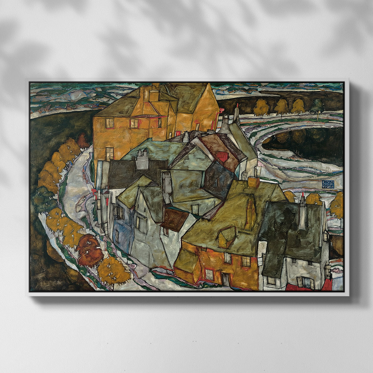 Front view of Crescent of Houses II (Island Town), 1915 by Egon Schiele in a white floater framed canvas.