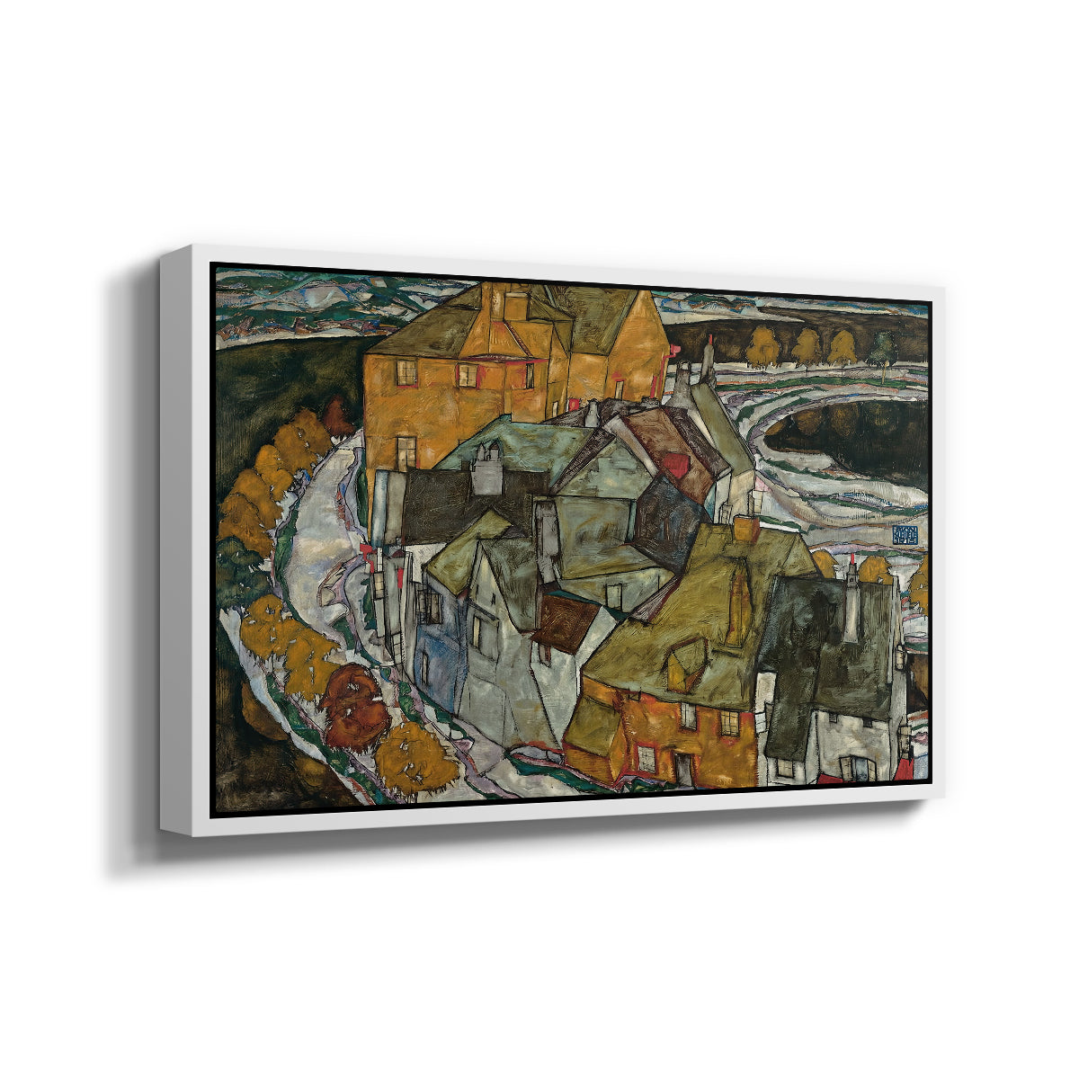 Angled view of Crescent of Houses II (Island Town), 1915 by Egon Schiele in a white floater framed canvas.
