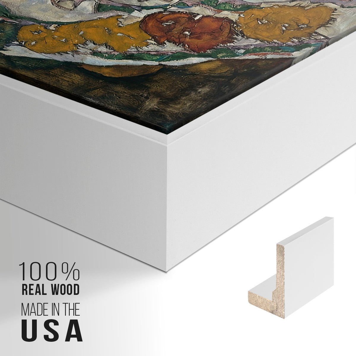 Close-up of the white floater frame corner and gallery wrapped canvas construction.