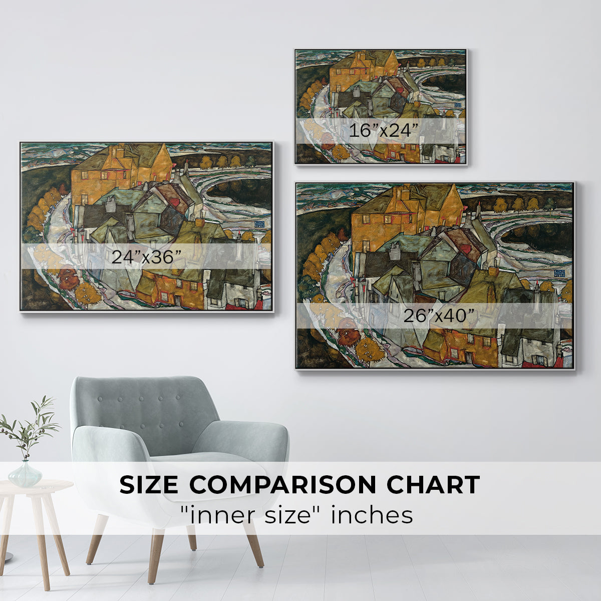 Size comparison chart for white floater framed canvas featuring Crescent of Houses II (Island Town), 1915 by Egon Schiele.