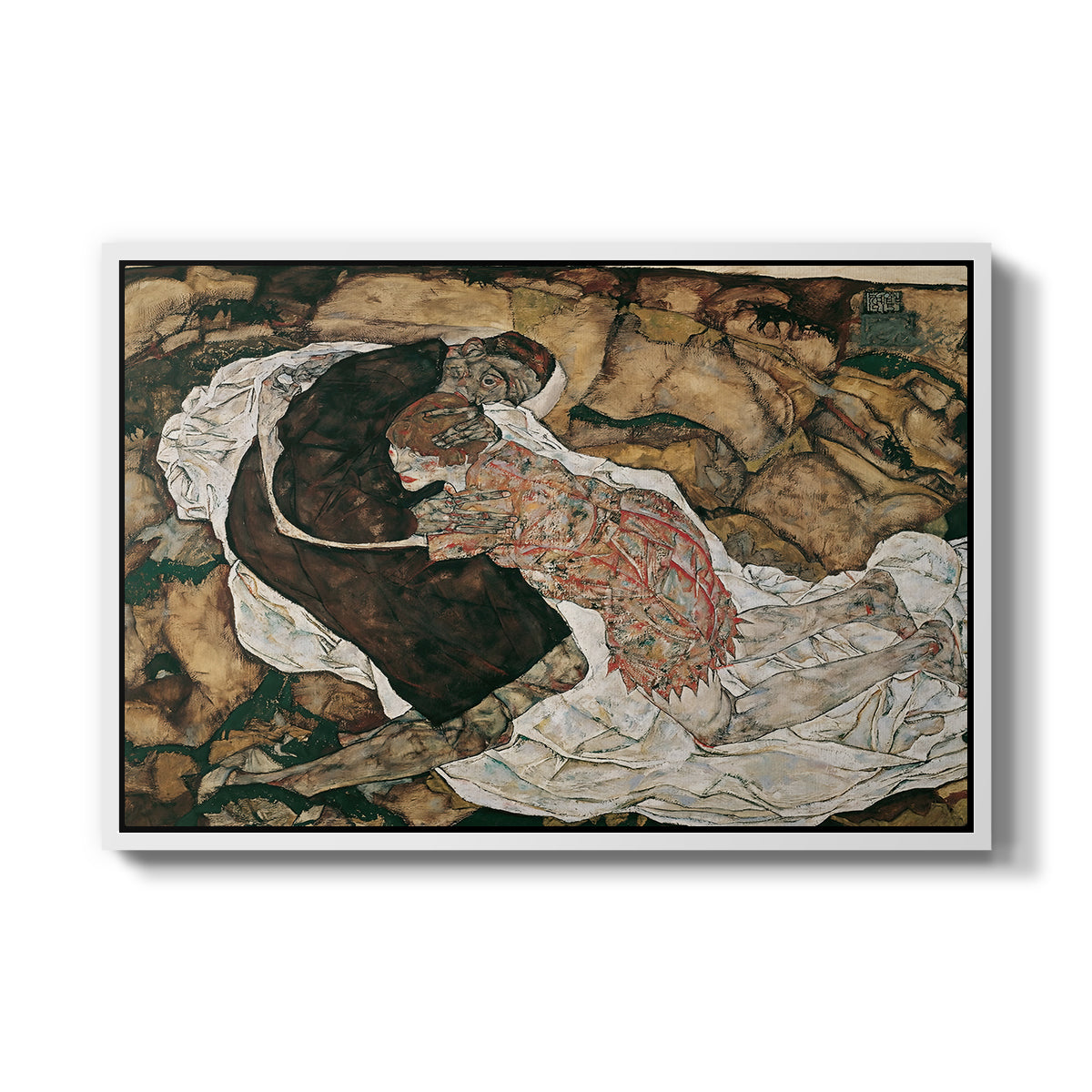 Death and the Maiden, 1915 by Egon Schiele in a white floater framed canvas wall art display.