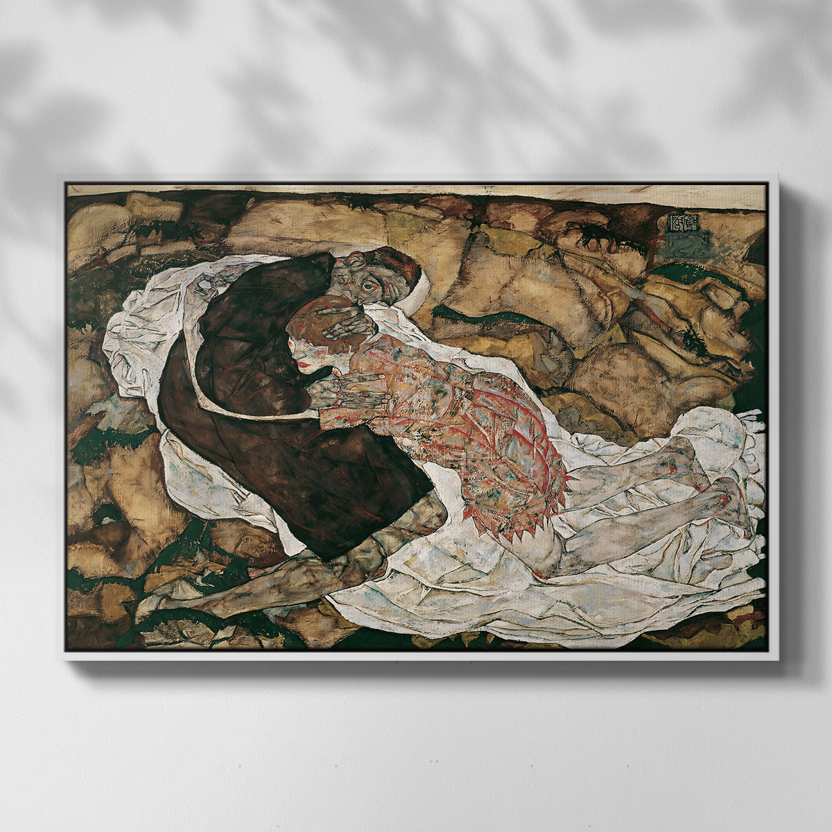 Front view of Death and the Maiden, 1915 by Egon Schiele in a white floater framed canvas.