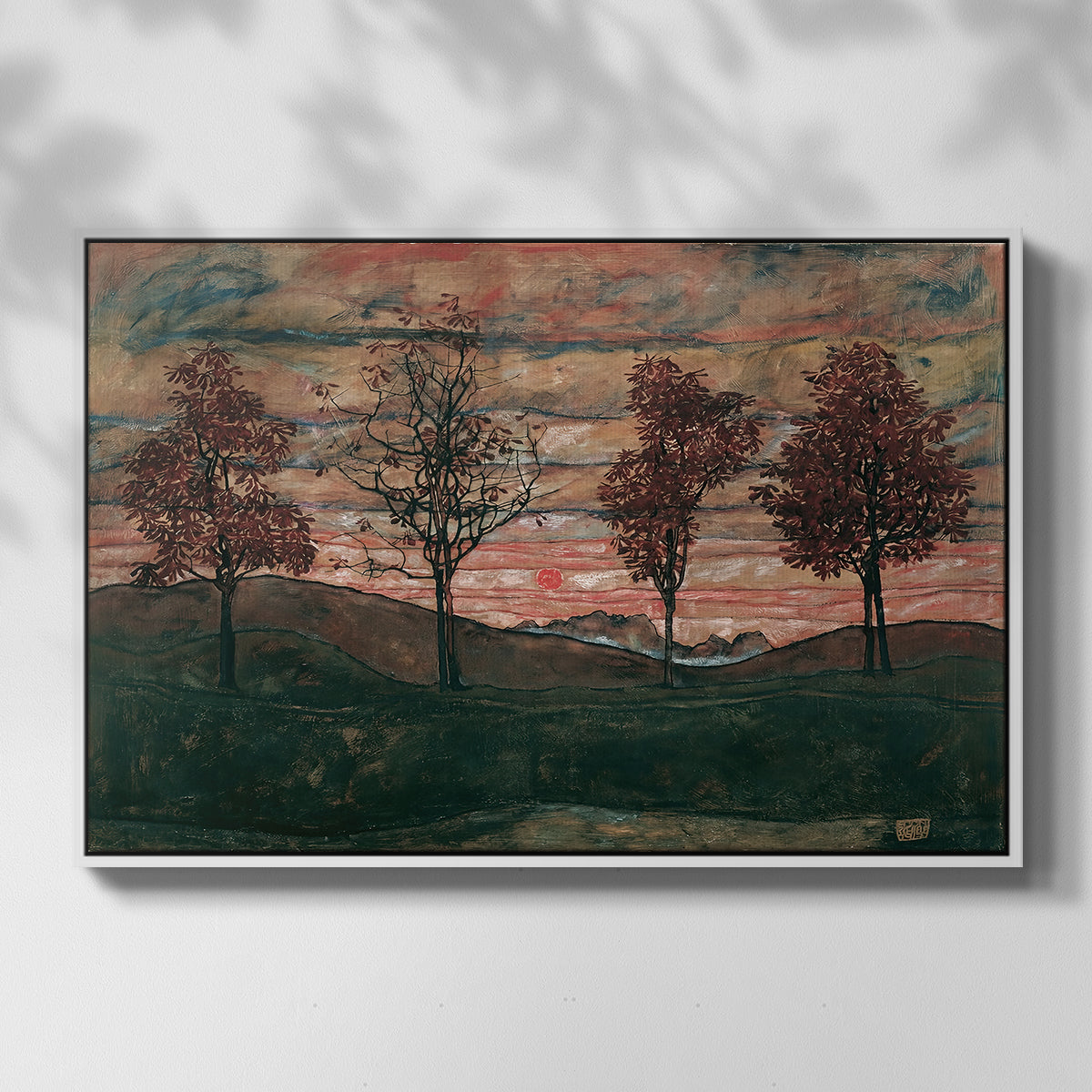 Front view of Four Trees, 1917 by Egon Schiele in a white floater framed canvas.