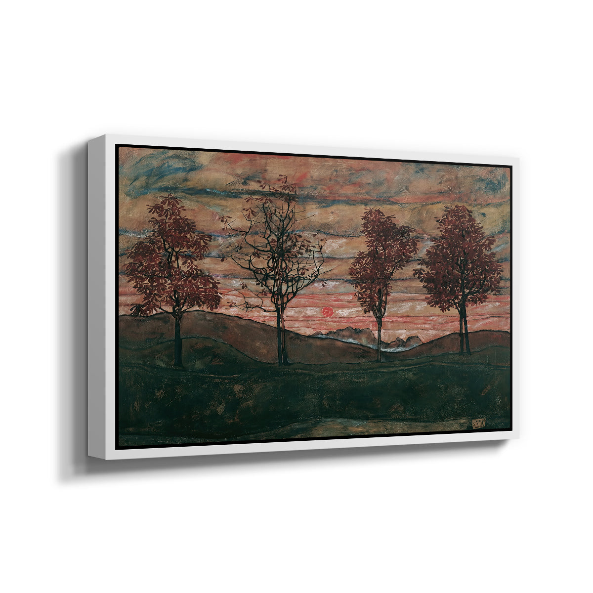 Angled view of Four Trees, 1917 by Egon Schiele in a white floater framed canvas.