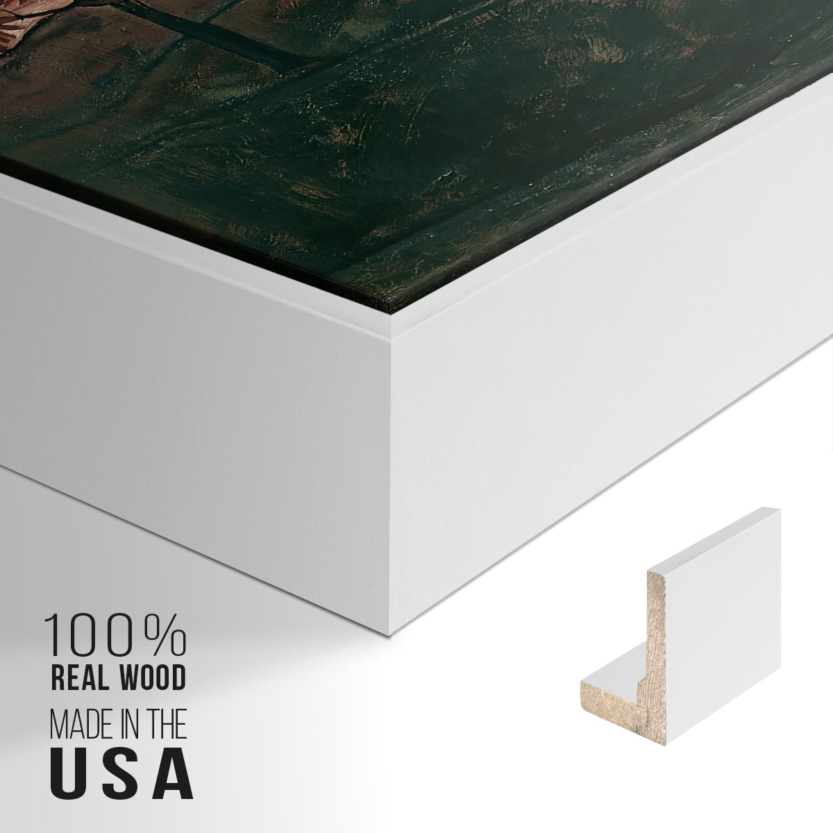 Close-up of the white floater frame corner and gallery wrapped canvas construction.
