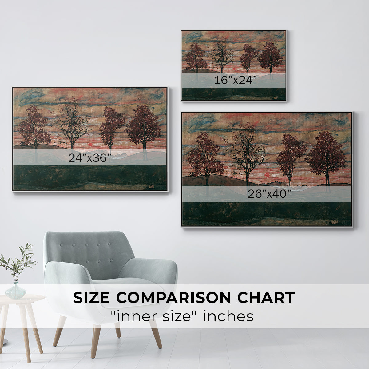 Size comparison chart for white floater framed canvas featuring Four Trees, 1917 by Egon Schiele.