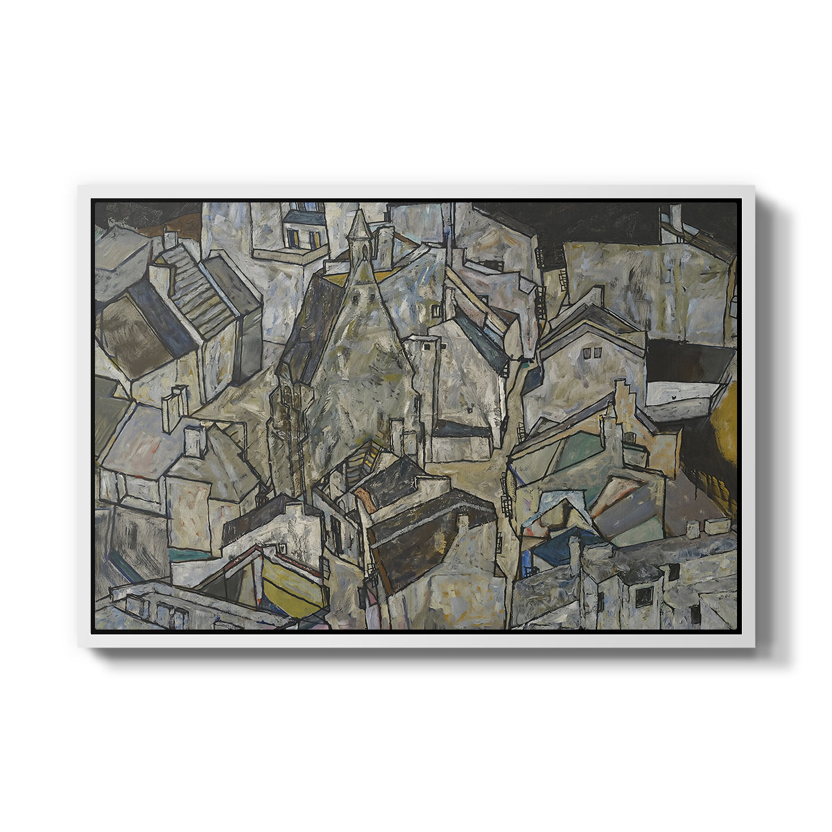 Mödling II, 1918 by Egon Schiele in a white floater framed canvas wall art display.