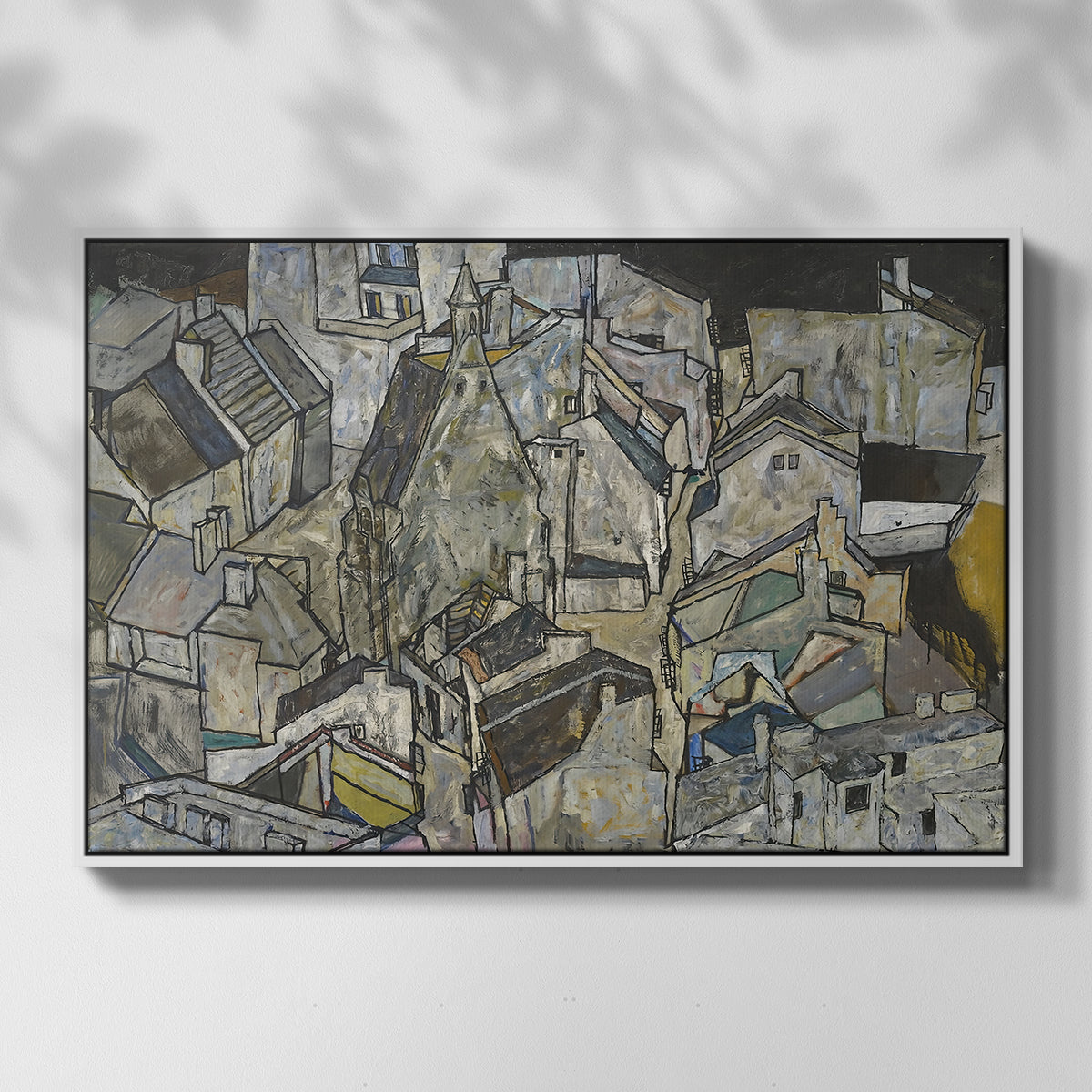 Front view of Mödling II, 1918 by Egon Schiele in a white floater framed canvas.