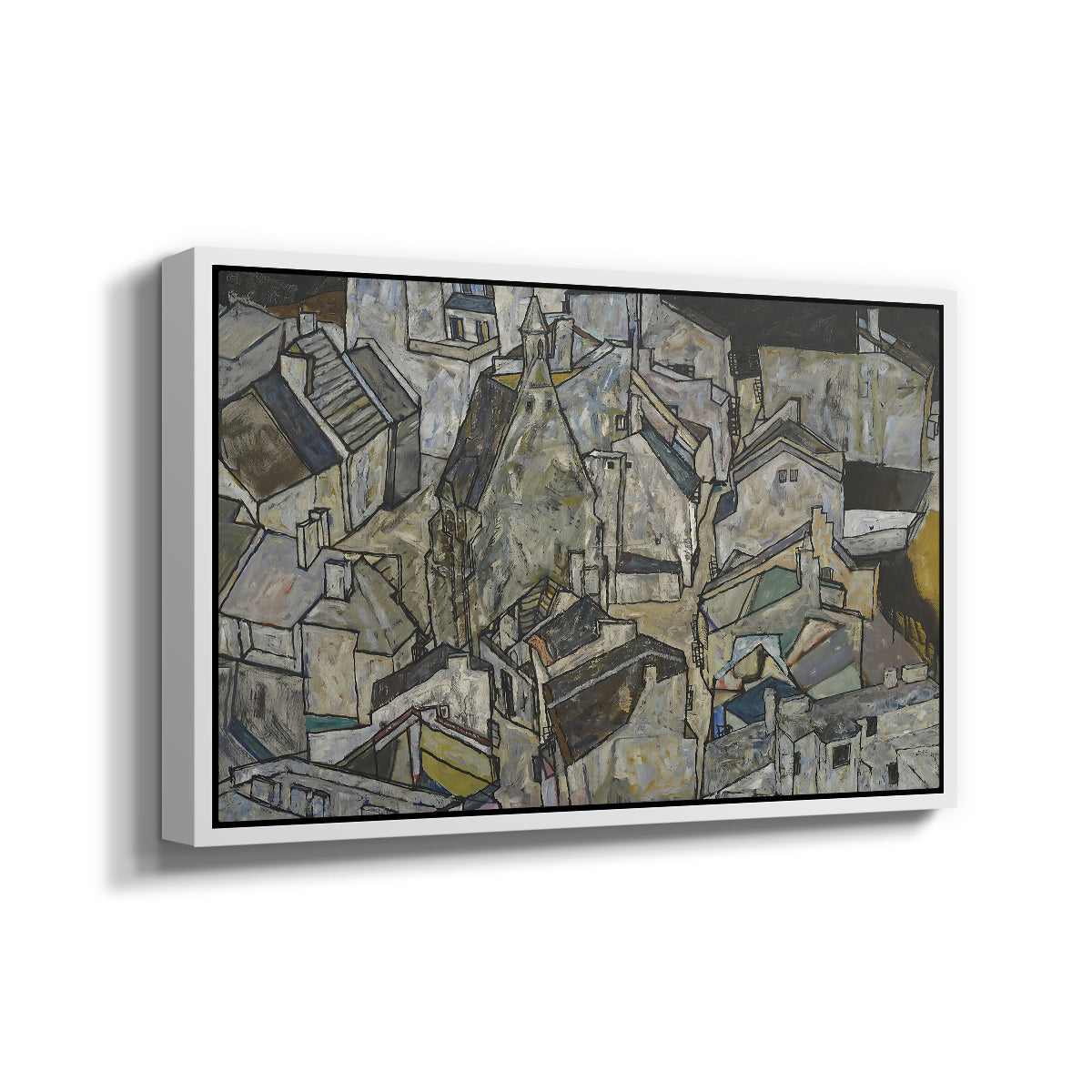 Angled view of Mödling II, 1918 by Egon Schiele in a white floater framed canvas.