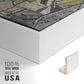Close-up of the white floater frame corner and gallery wrapped canvas construction.