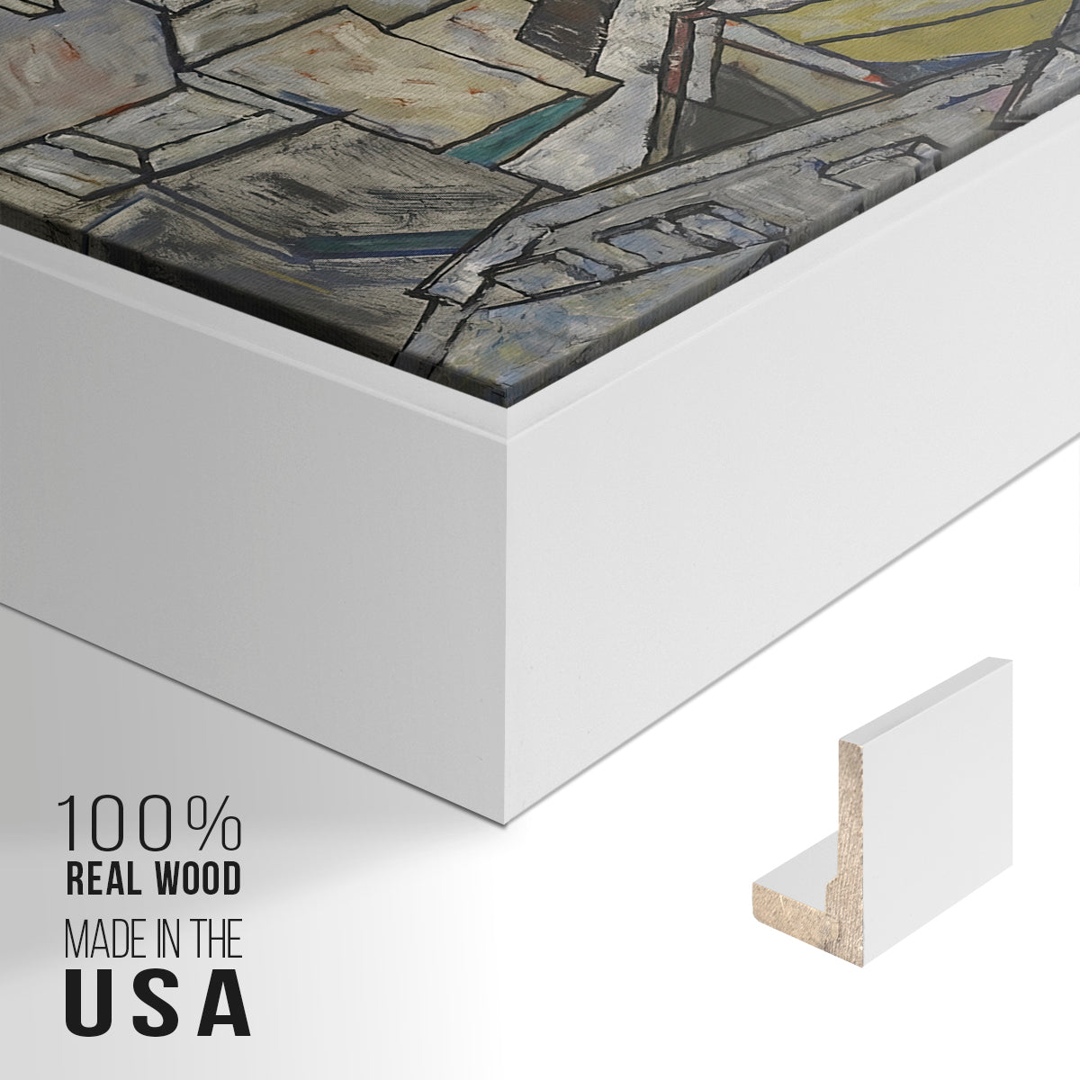 Close-up of the white floater frame corner and gallery wrapped canvas construction.