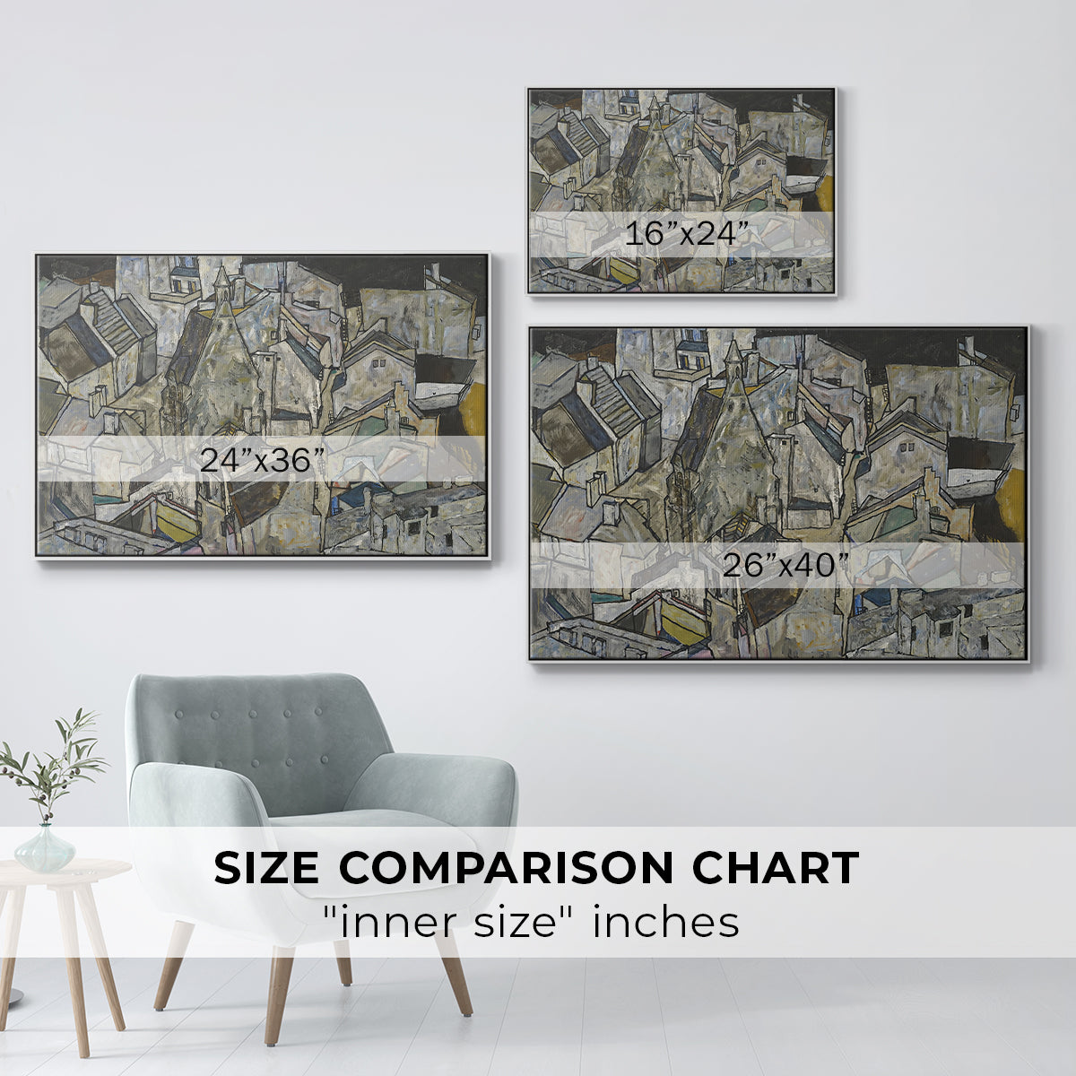 Size comparison chart for white floater framed canvas featuring Mödling II, 1918 by Egon Schiele.