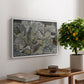 Mödling II, 1918 by Egon Schiele, presented in a white floater framed canvas featuring clustered geometric houses forming dense urban landscape with sharp angles, displayed above a hallway console table.