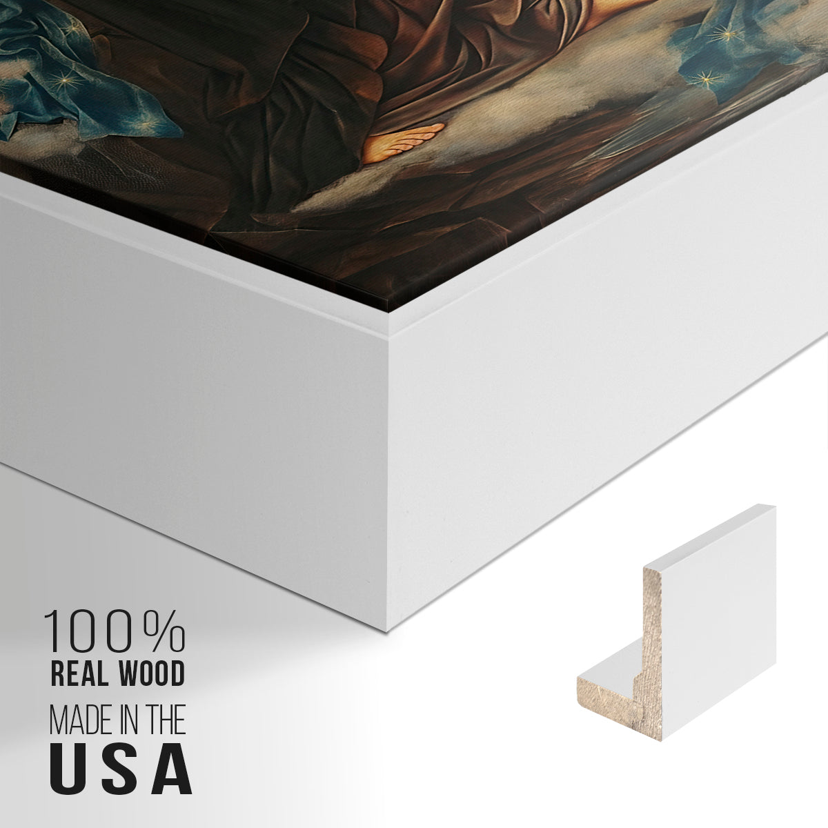 Close-up of the white floater frame corner and gallery wrapped canvas construction.