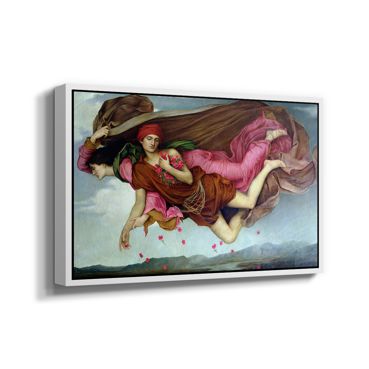 Angled view of Night and Sleep, 1878 by Evelyn De Morgan in a white floater framed canvas.