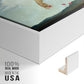 Close-up of the white floater frame corner and gallery wrapped canvas construction.