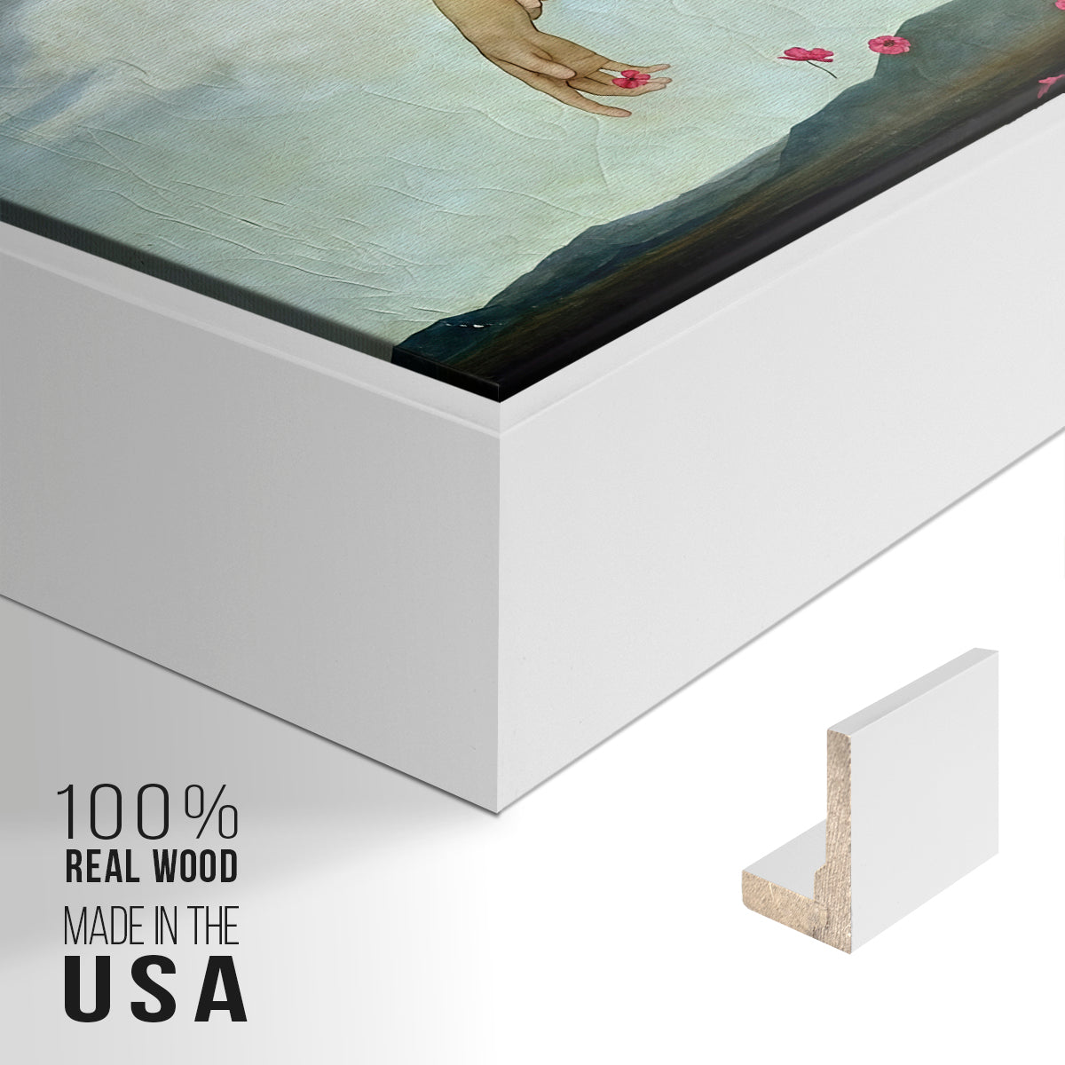 Close-up of the white floater frame corner and gallery wrapped canvas construction.