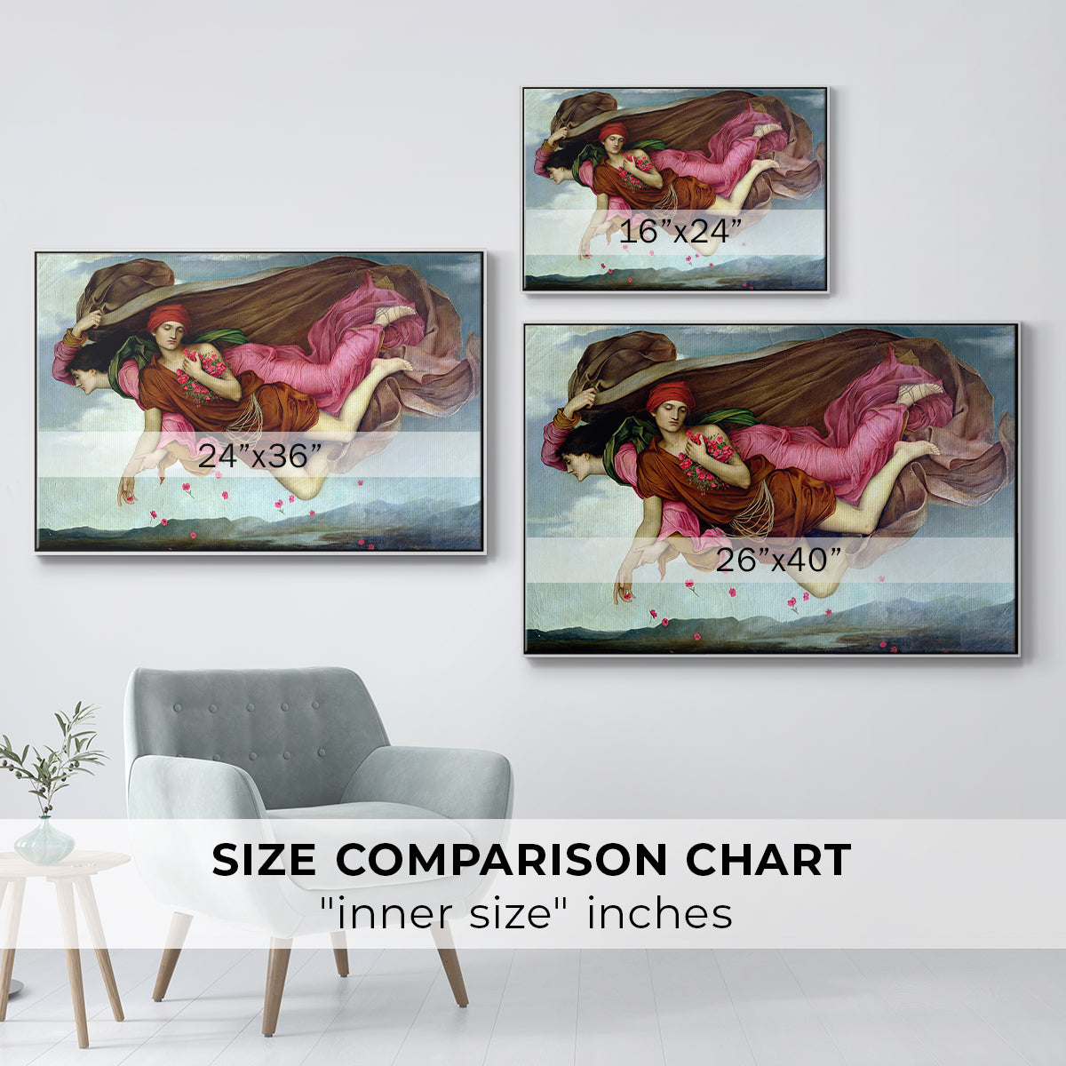 Size comparison chart for white floater framed canvas featuring Night and Sleep, 1878 by Evelyn De Morgan.