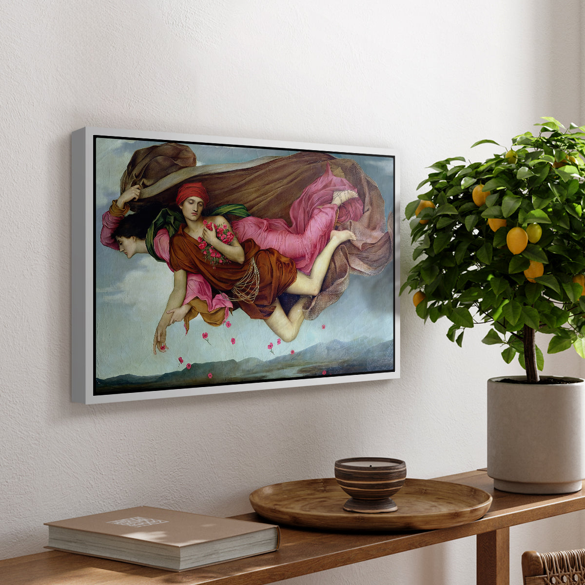 Night and Sleep, 1878 by Evelyn De Morgan, presented in a white floater framed canvas featuring two intertwined female figures floating through dark sky representing night and sleep, displayed above a hallway console table.