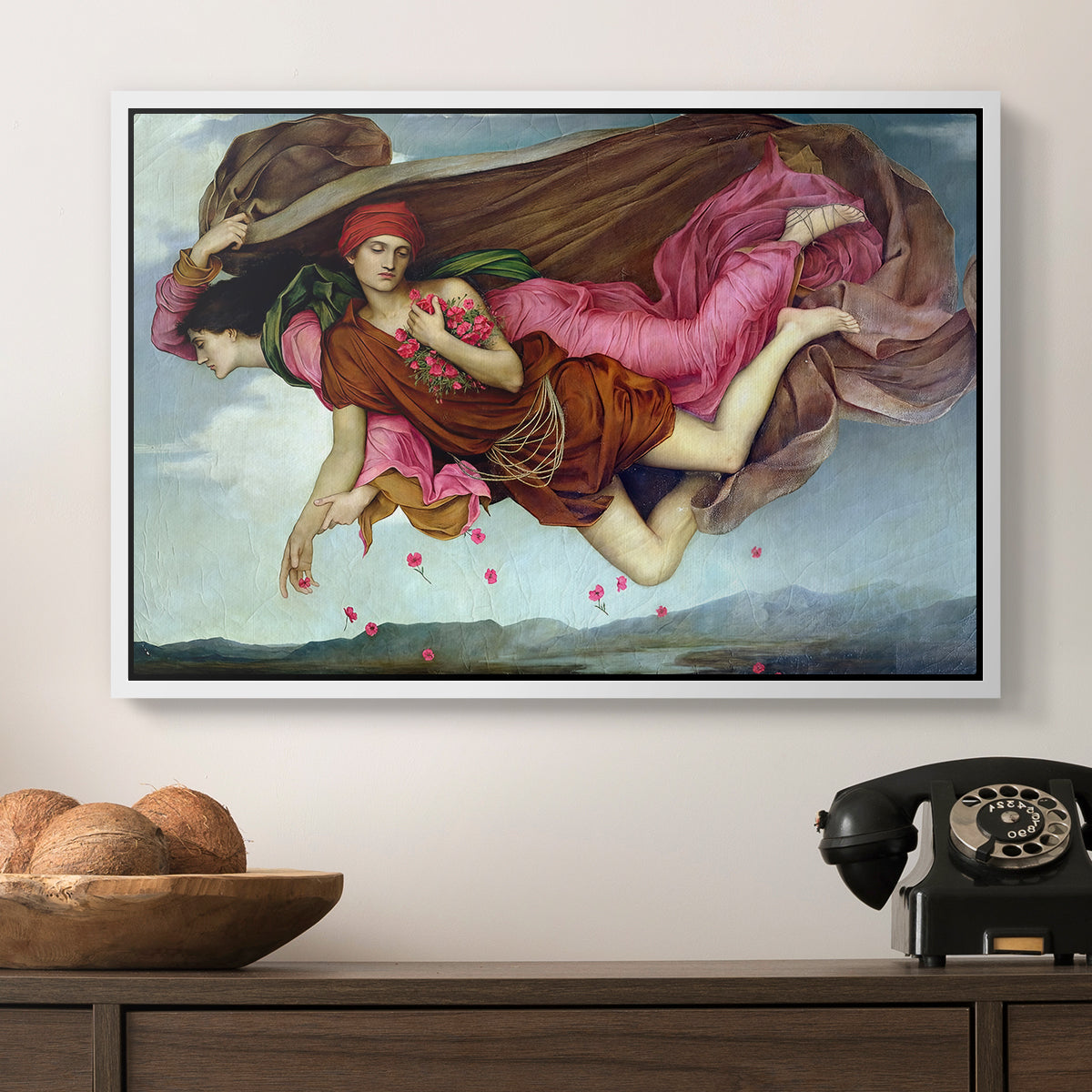 Night and Sleep, 1878 by Evelyn De Morgan in a white floater framed canvas displayed above a console table in a hallway, featuring an allegorical painting of intertwined figures in celestial setting.