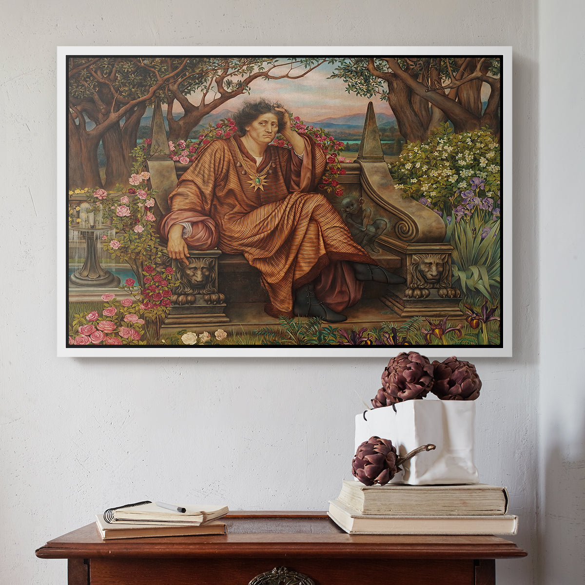 White floater framed canvas featuring A Soul in Hell, c. 1901-1902 by Evelyn De Morgan above an entryway table in a minimalist foyer.