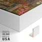Close-up of the white floater frame corner and gallery wrapped canvas construction.