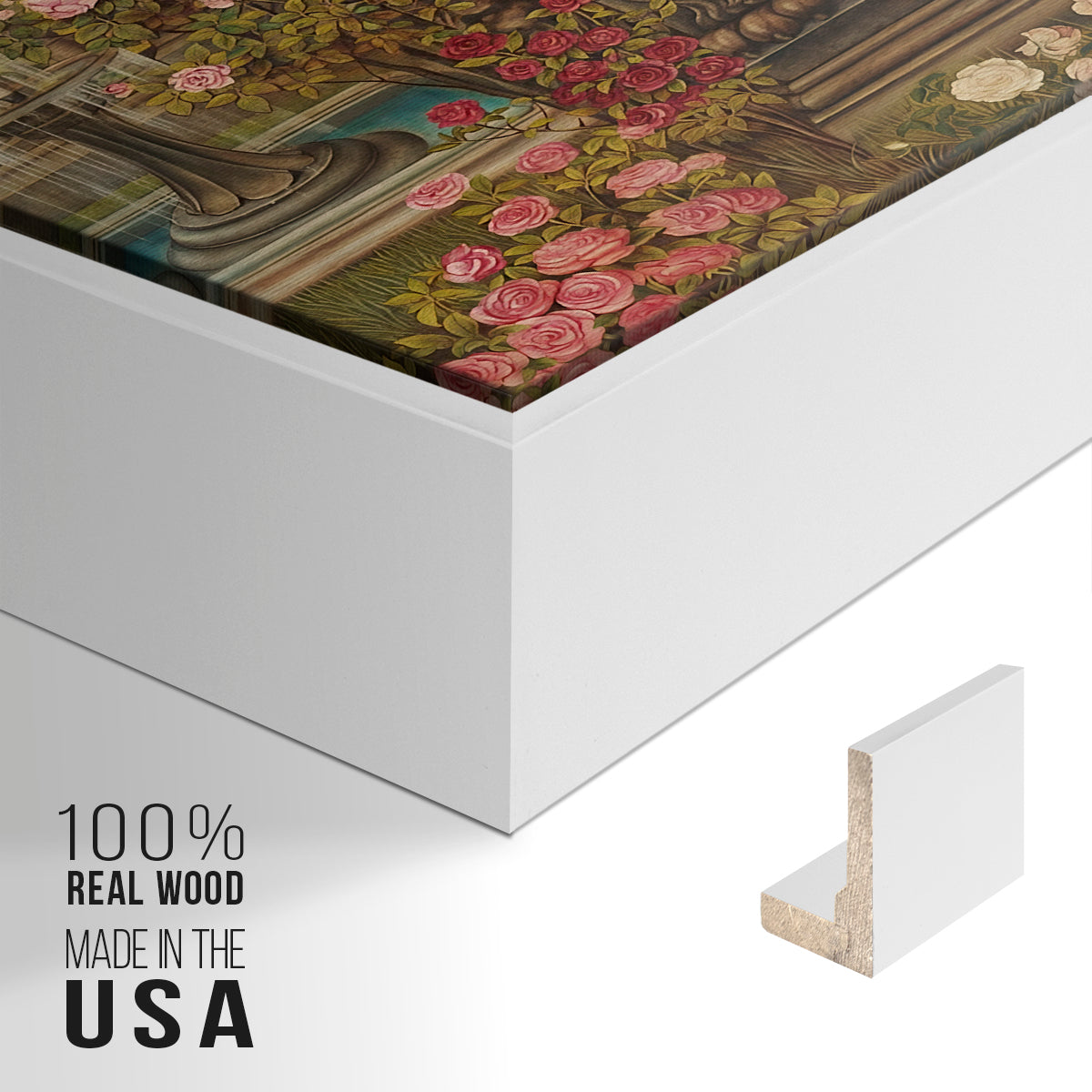 Close-up of the white floater frame corner and gallery wrapped canvas construction.