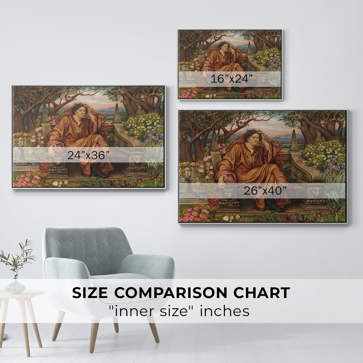 Size comparison chart for white floater framed canvas featuring A Soul in Hell, c. 1901-1902 by Evelyn De Morgan.