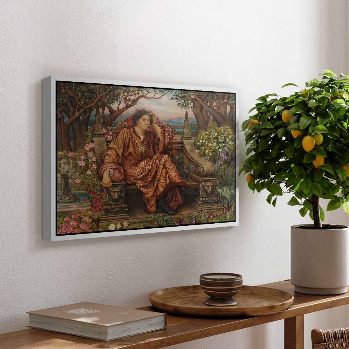A Soul in Hell, c. 1901-1902 by Evelyn De Morgan, presented in a white floater framed canvas featuring a distressed figure surrounded by flames and torment in symbolic hell scene, displayed above a hallway console table.