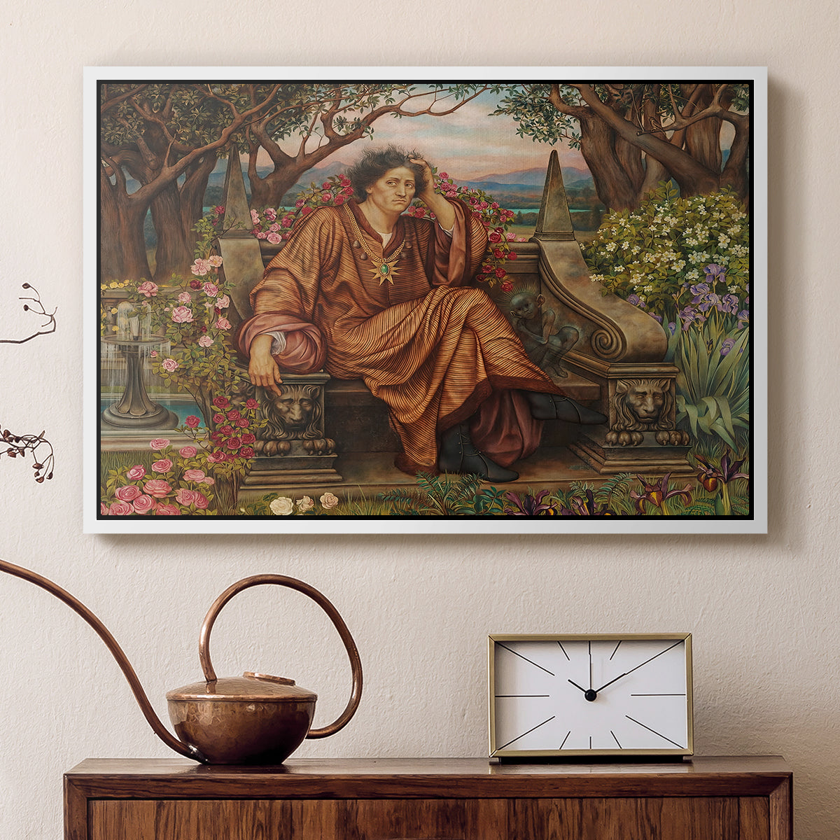 White floater framed canvas featuring a symbolic depiction of soul in anguish amid chaotic forms, displayed above a cabinet in a soft-toned living room.