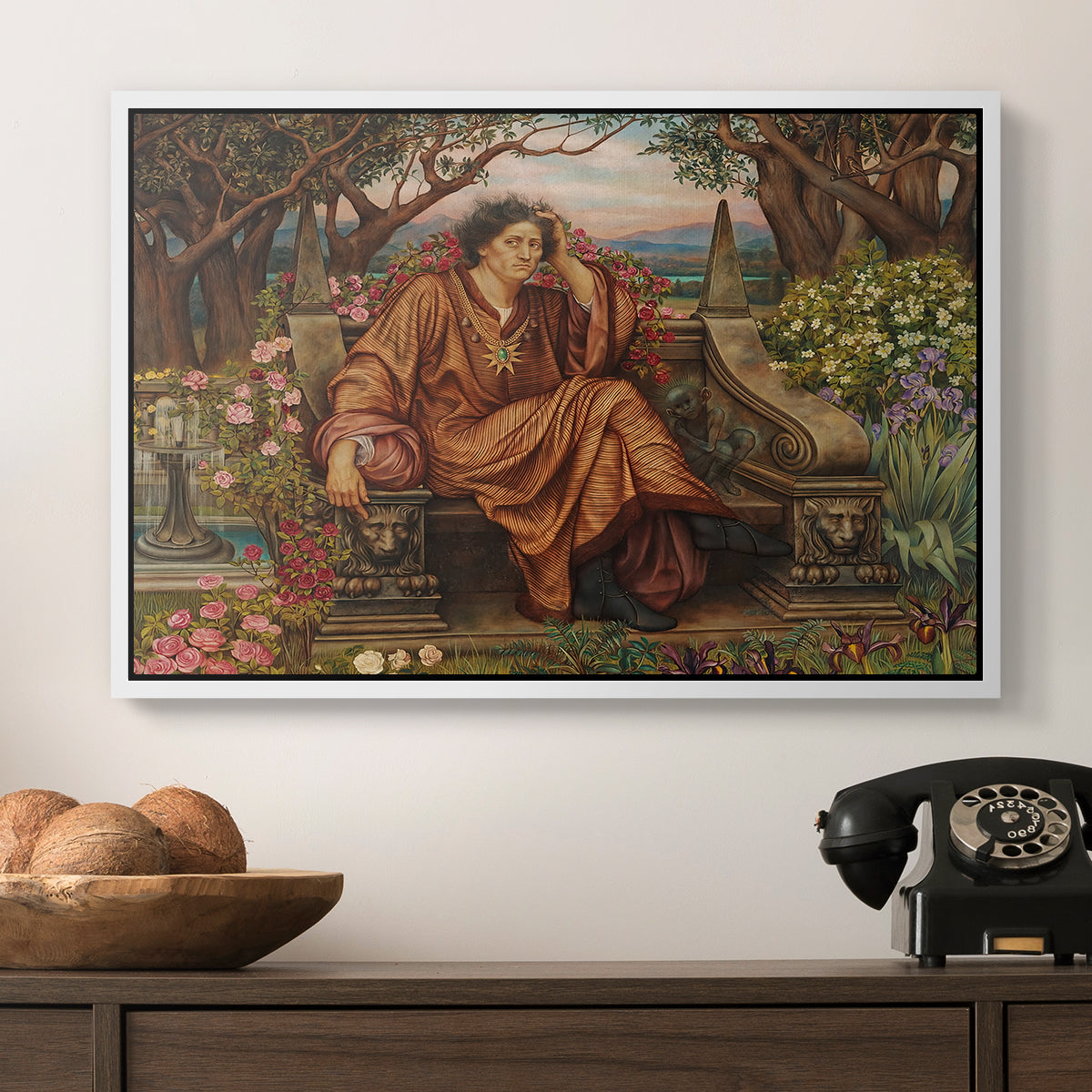 A Soul in Hell, c. 1901-1902 by Evelyn De Morgan in a white floater framed canvas displayed above a console table in a hallway, featuring an emotional scene representing torment and spiritual struggle.