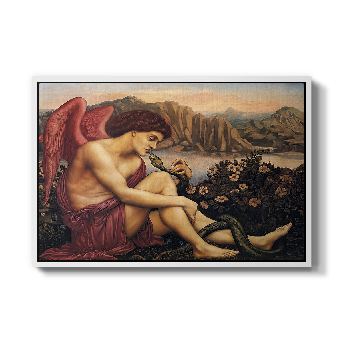 The Angel with the Serpent, c. 1870-1875 by Evelyn De Morgan in a white floater framed canvas wall art display.