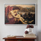 White floater framed canvas featuring The Angel with the Serpent, c. 1870-1875 by Evelyn De Morgan above an entryway table in a minimalist foyer.