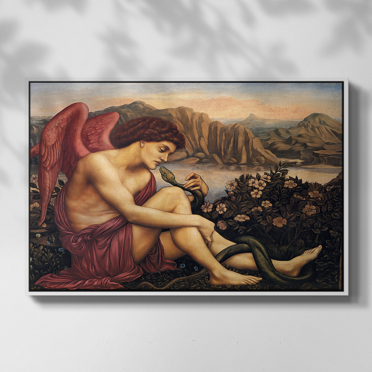 Front view of The Angel with the Serpent, c. 1870-1875 by Evelyn De Morgan in a white floater framed canvas.