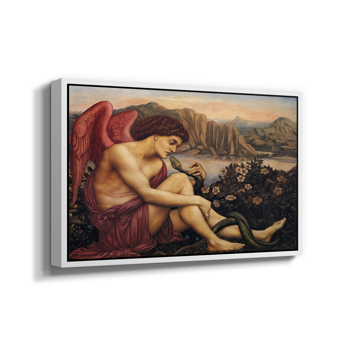 Angled view of The Angel with the Serpent, c. 1870-1875 by Evelyn De Morgan in a white floater framed canvas.